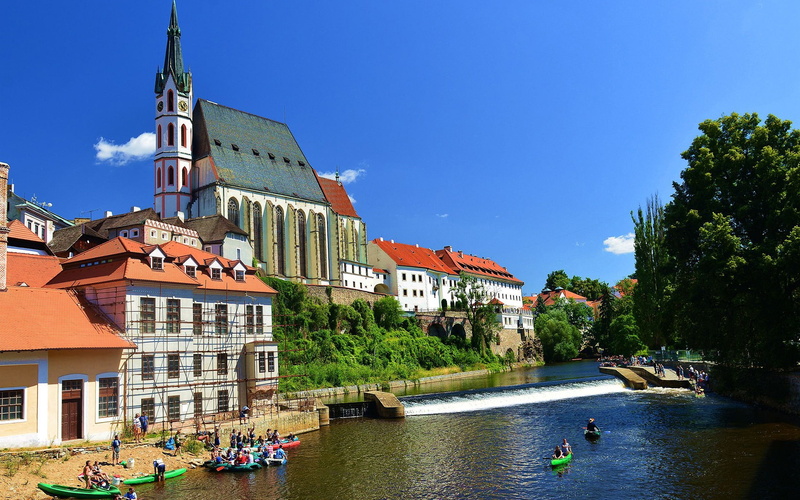 krumlov, travel, hd, sky, blue, building exterior, water, the past, city, outdoors, nature, building, plant, architecture, landscape, place of worship
