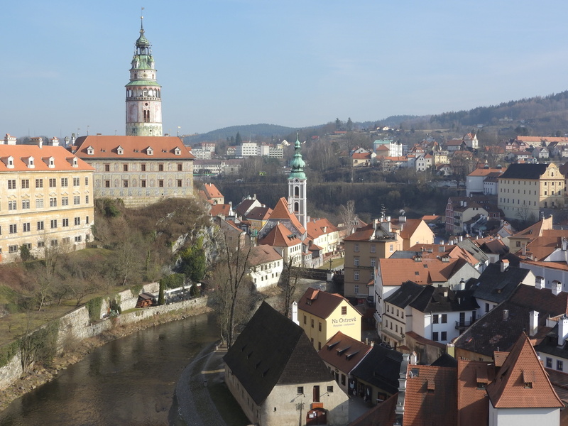 sky, architecture, water, nature, town, building exterior, place of worship, high angle view, building, view, tower, sunlight, cityscape, krumlov, history