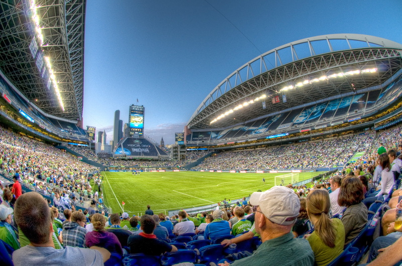 built structure, building, lifestyles, people, architecture, qwest field, baseball stadium, looking, audience, outdoors, rear view, field, illuminated