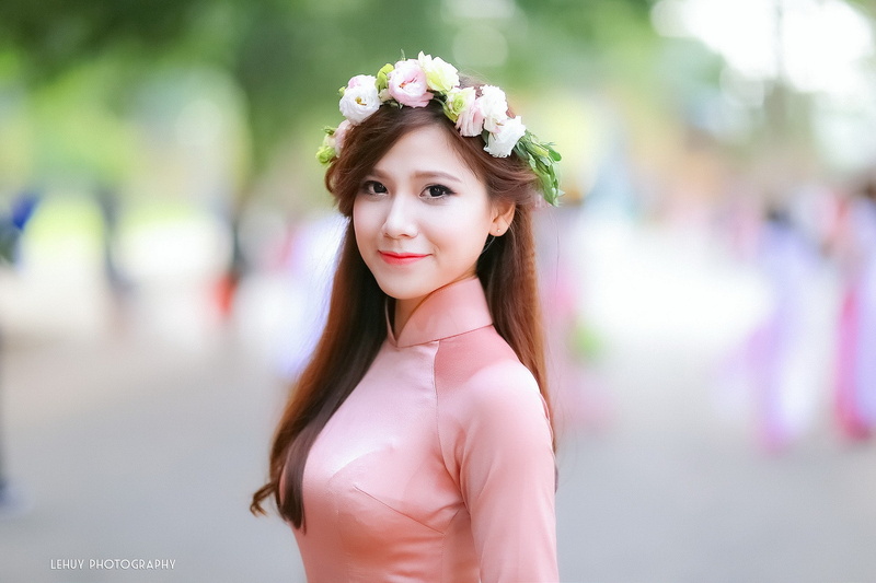 women, 1080P, pink dress, smiling, Asian, flower in hair, traditional clothing, black eyes, portrait, wreaths