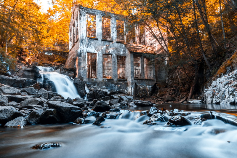 nature, snow, land, outdoors, architecture, 4K, flowing, winter, ruin, beauty in nature, water, scenics - nature, day, chelsea, mill, autumn, fall, tree