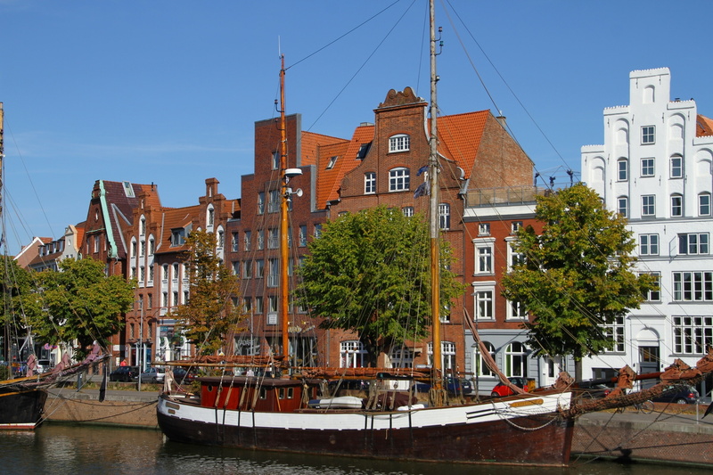 building, promenade, sailboat, Lübeck, Germany, 2K, galeas, Lubeck