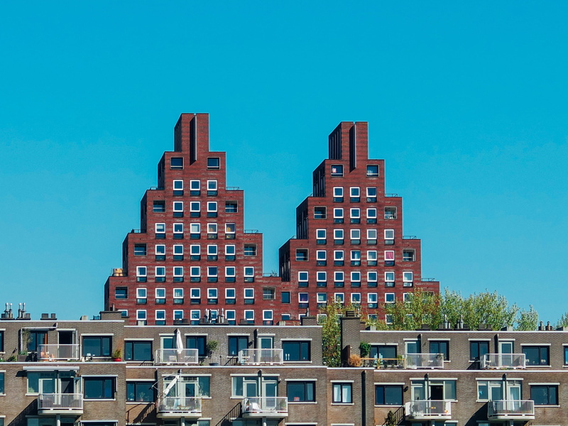 clear sky, tower, skyline, built structure, netherlands, 2K, modernist, modern, apartment, dutch, window, blue, city, amsterdam, tall - high, residential district