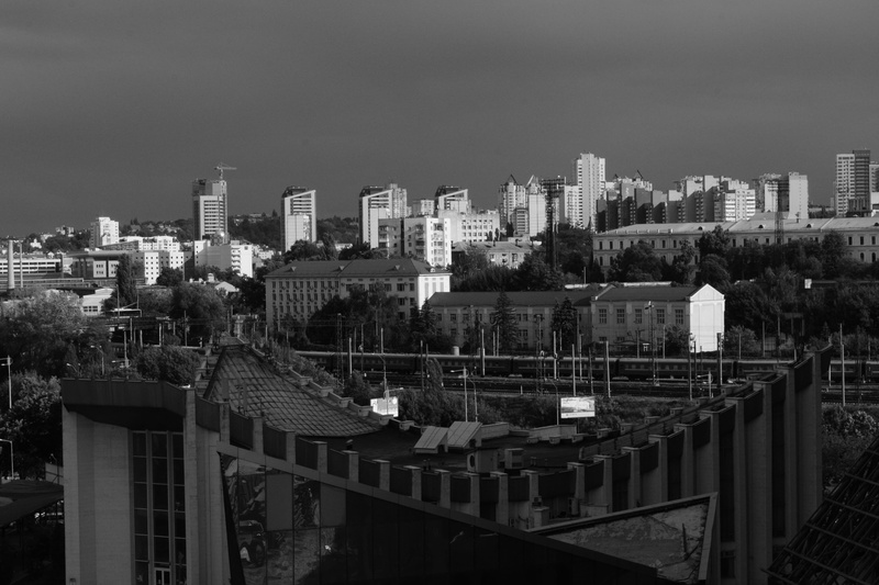 railway, black and white, tree, building exterior, financial district, kyiv, cityscape, skyscraper, 4K, city, tall - high, ukraine, train, outdoors, building