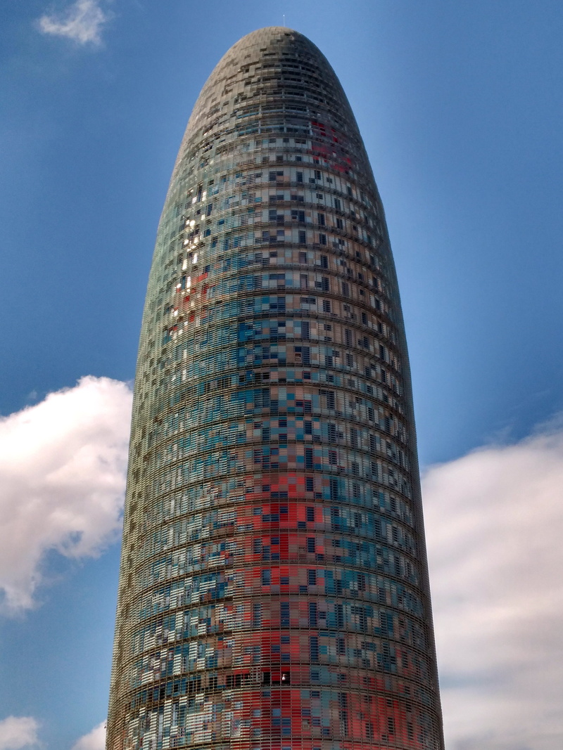 barcelona, skyscraper, urban, tall - high, futuristic, perspective, agbar, red, modern architecture, building exterior, structure, bright, glass, office building exterior