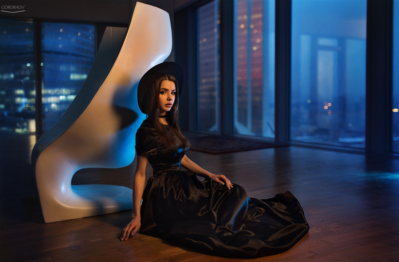 brunette, Maria Way, Ivan Gorokhov, 1080P, women, black dress