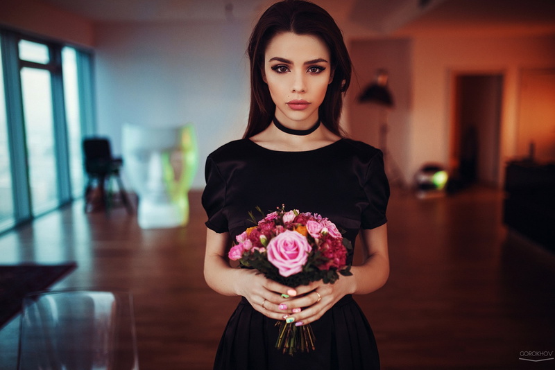 Maria Way, brunette, 1080P, portrait, Ivan Gorokhov, dress, women, model, black dress, brown eyes
