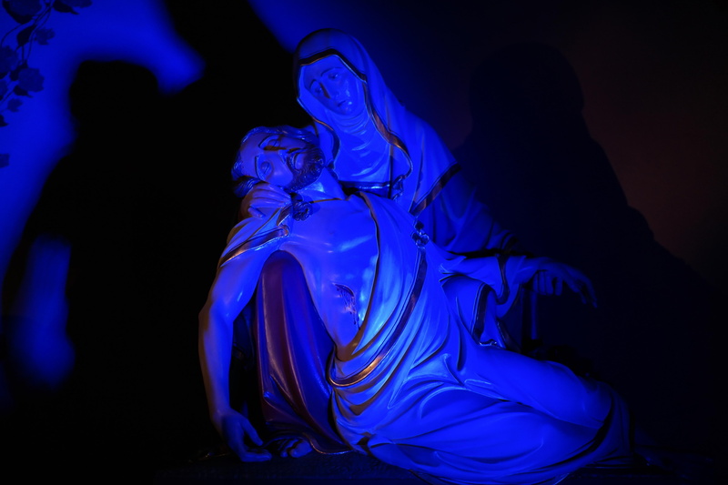 son of god, statue, blue, mystery, light, flowing, full length, adult, black background, christian, pray, holy maria, sculpture, nature, mother of god