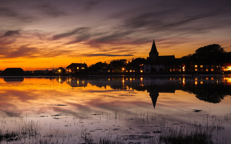 Sunset, House, Reflection, Water, England, Town, Lake, Scenery, 1080P, Lights