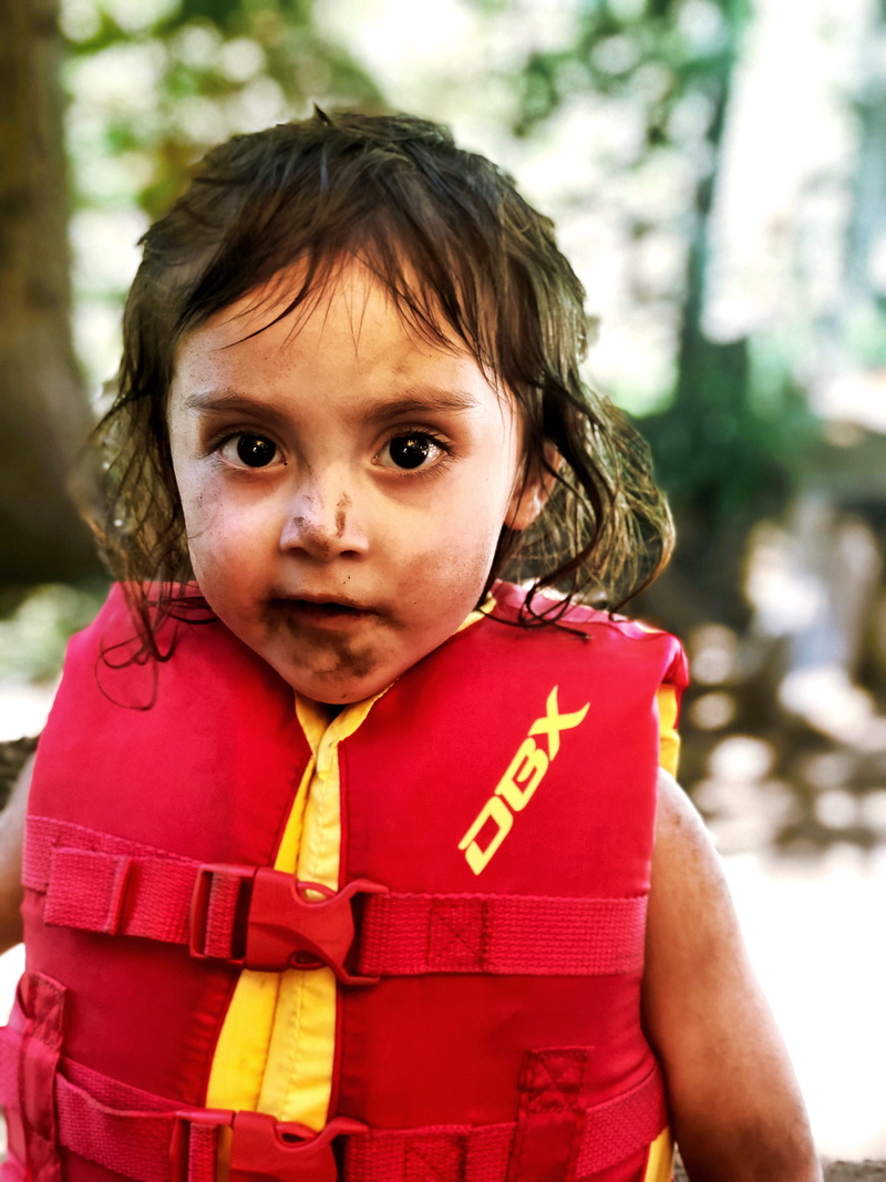 hairstyle, lifestyles, life jacket, portrait, standing, women, willamette national forest, looking at camera, muddy, trail, outdoors, leisure activity
