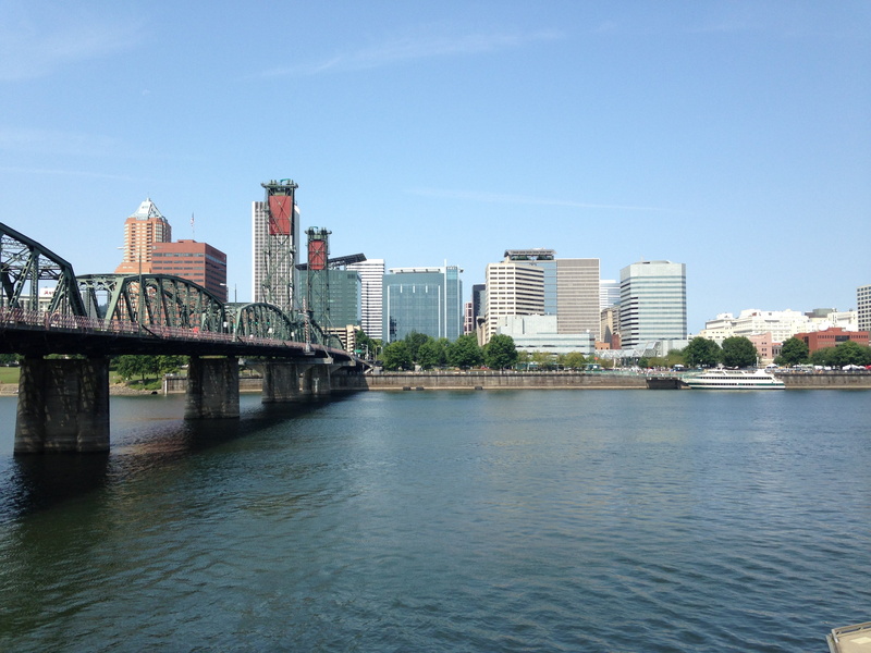 bridge - man made structure, water, day, building exterior, office building exterior, downtown, skyscraper, hawthorne bridge, river, bridge, transportation