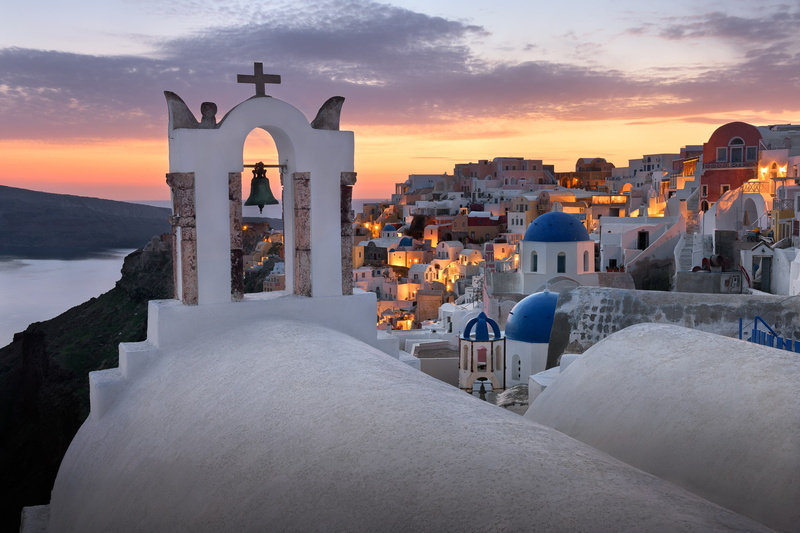 sea, home, Ia, Thira, island, landscape, the city, Greece, the bell tower, dome, 1080P, Santorini, sunset