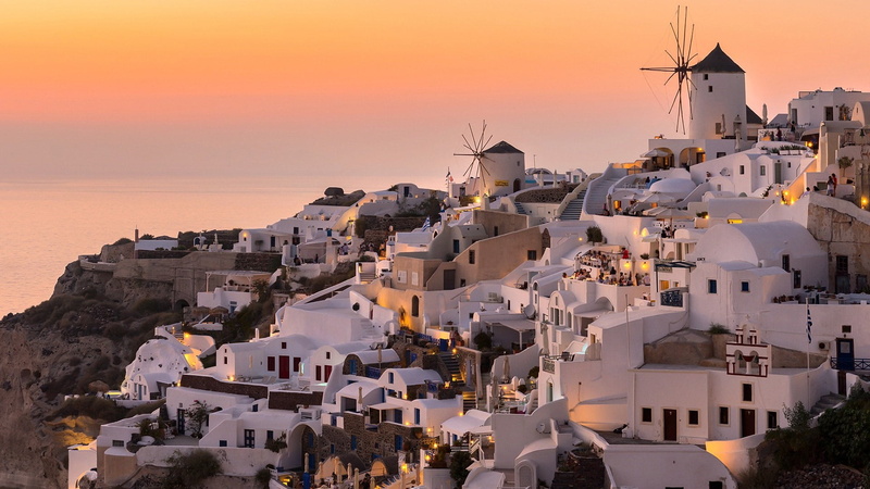 travel destinations, architecture, sea, travel, 1080P, santorini, outdoors, thira, nature, residential district, townscape, building, sky, high angle view