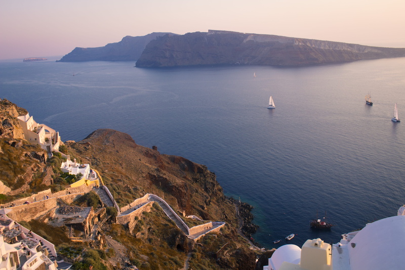 nature, boats, island, high angle view, thira, day, windy, ships, transportation, mountains, people, sea, building exterior, scenics - nature, oia, travel