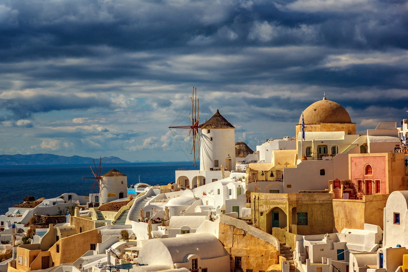 Santorini, sea, the city, 1080P, Thira, clouds, mountains, home, Markus Stauffer, the dome, landscape, island, Greece, stairs