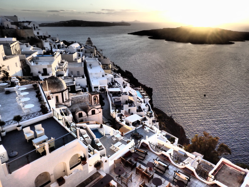 building, built structure, roof, cityscape, Volcano, townscape, sea, residential district, Santorini, town, Caldera, greece, architecture, no people, horizon over water