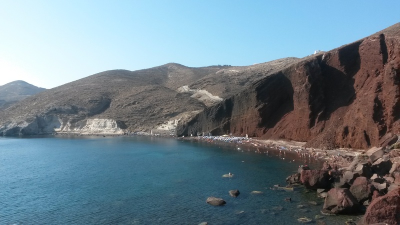 mountain, red beach, tranquility, tranquil scene, beauty in nature, solid, turquoise colored, sky, mountain range, land, 2K, travel destinations, santorini