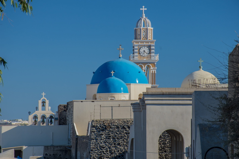building exterior, belfries, greek island, religion, holidays, building, faith, place of worship, mediterranean, built structure, thira, clear sky, architecture