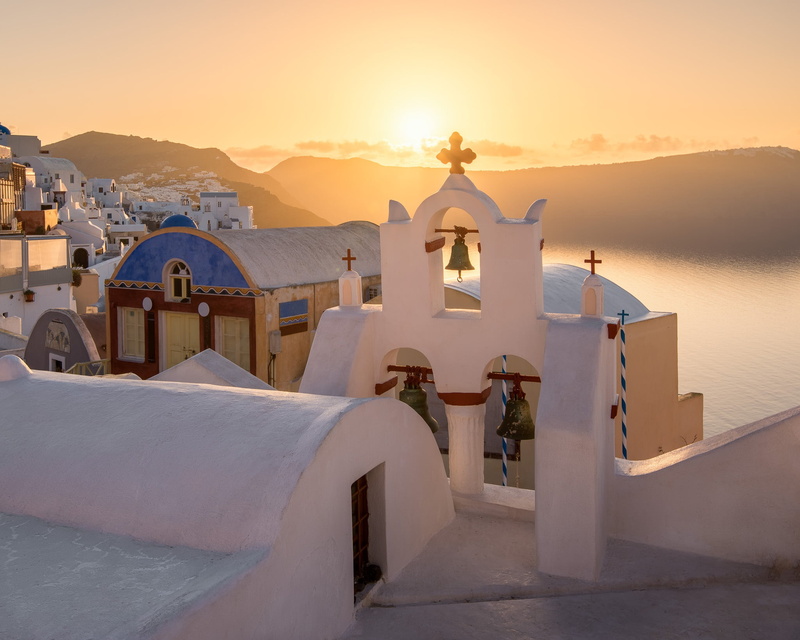 Ia, bell, the bell tower, sea, mountains, 1080P, Thira, Santorini, dawn, Greece, morning, landscape, island, the sun, home