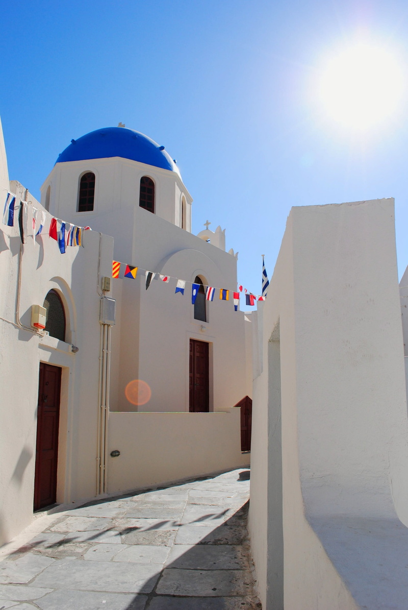 no people, sunset, culture, belief, architecture, house, santorini, outdoors, alley, sunlight, traditional, panorama, touristic, white, blue, island, tourism