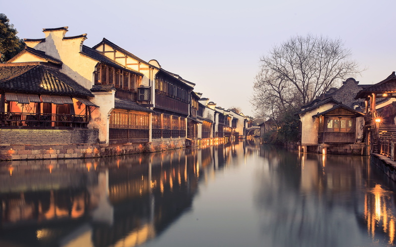 row house, sky, plant, canal, tree, residential district, night, nature, house, no people, 4K, waterfront, reflection, wuzhen, built structure, building