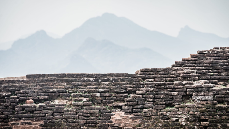 outdoors, day, hills, mountain range, solid, history, stone wall, bricks, no people, blurred, tourism, tranquil scene, ancient civilization, sigiriya, building