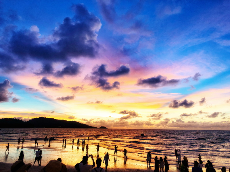 dusk, 4K, holiday, water, nature, horizon over water, wooden post, tambon patong, beauty in nature, scenics - nature, sea, thailand, group of people, trip