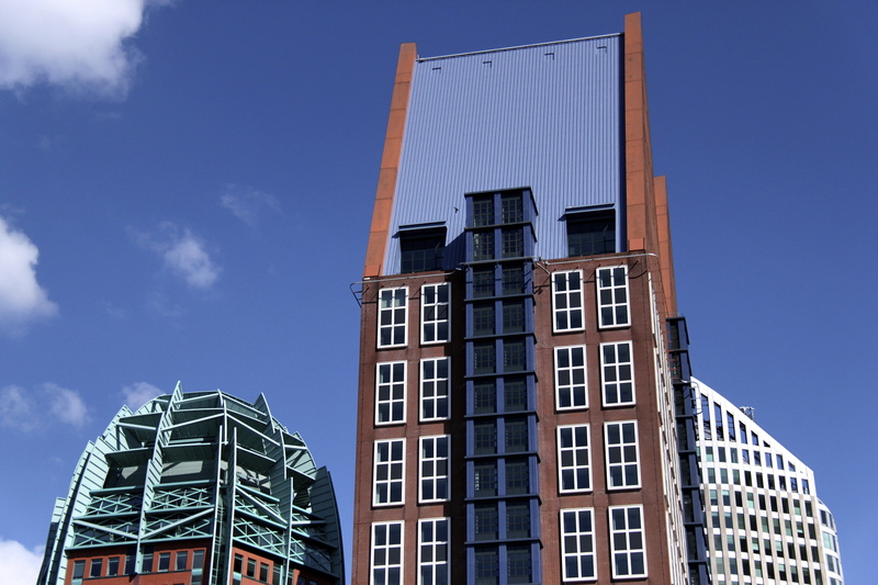 low angle view, city, tower, office building exterior, day, architecture, clear sky, skyscraper, the hague, blue, sunny, nature, building, 4K, tall - high