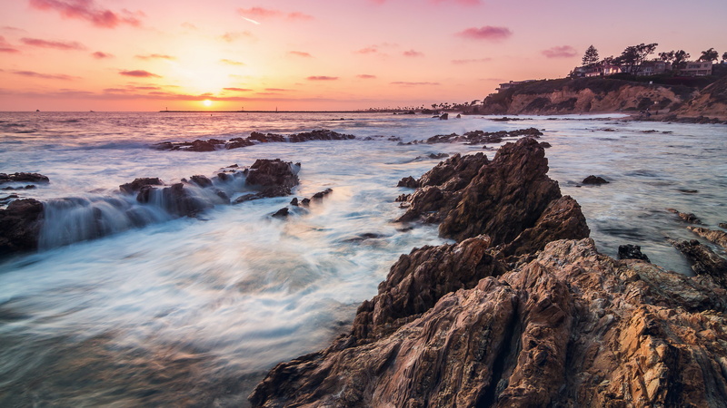 sunrise, rocks, Corona Del Mar, sunset, exposure, USA, tourism, 8k, California, travel, photography, body, Best Beaches in the World, 5K, hills, water
