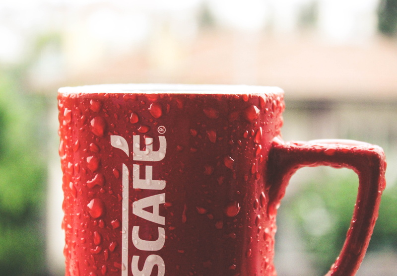 day, cup, coffee cup, communication, refreshment, western script, freshness, rain drop, food and drink, indoors, non-alcoholic beverage, red, focus on foreground