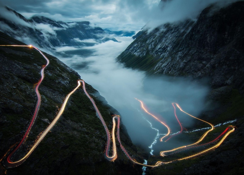 Norway, road, 720P, landscape, mist, clouds, mountains, Lights, nature, river, Trollstigen, photography