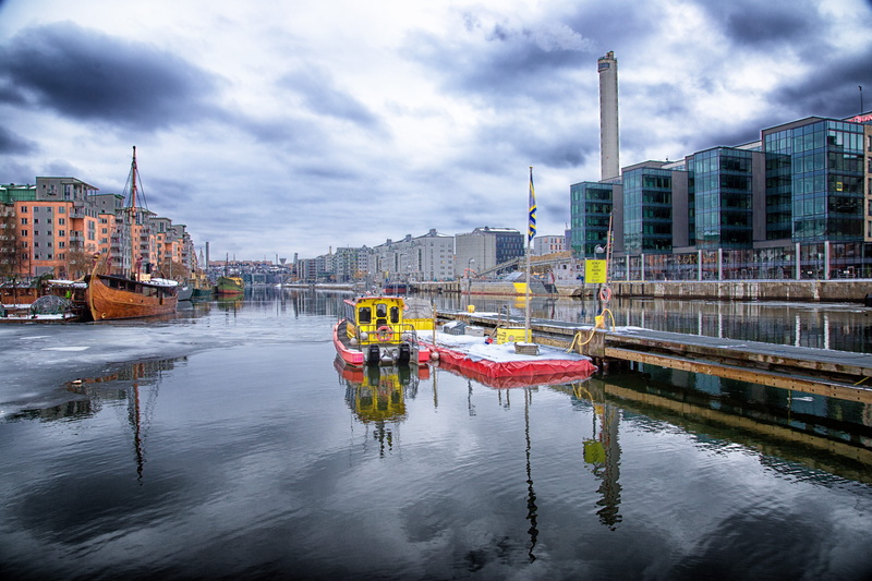 nautical vessel, industrial, nature, reflections, boats, wintertime, waterfront, stockholm, sweden, reflection, transportation, day, harbor, cloud - sky