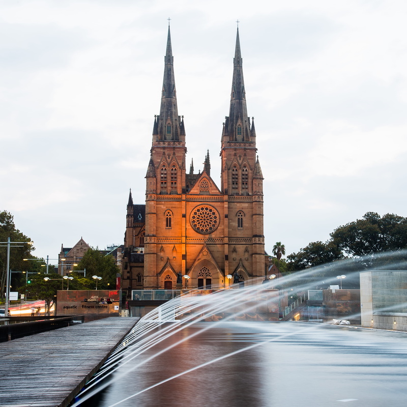 transportation, motor vehicle, outdoors, tower, cloud - sky, history, city, day, place of worship, spire, fountain, building, water, sydney, church, st marys cathedral