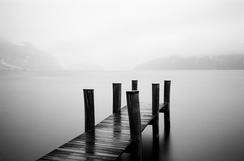 wooden, mountain, water, pier, photography, dock, scenics, mist, ilford, lake, jetty, nature, 720P, black, Ilford Delta, posts, outdoors, long exposure