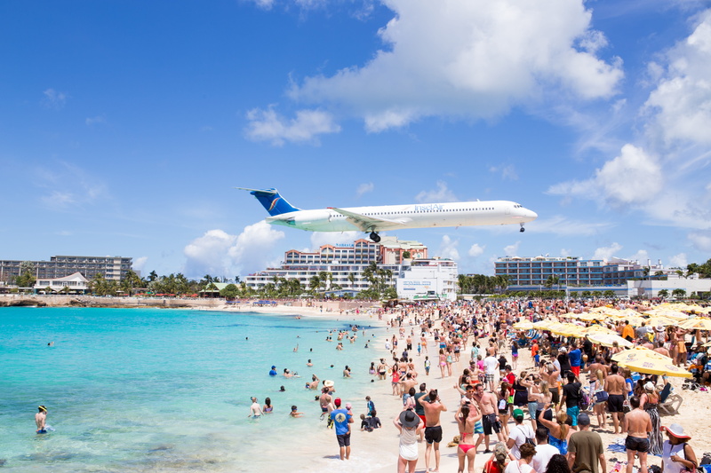 white, maho, large group of people, beach, group, sky, airport, nature, outdoors, landing, vacations, cloud - sky, island, building exterior, attraction