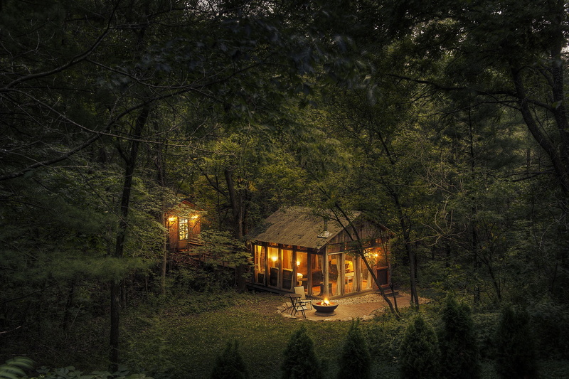 cabin, 1080P, forest, house, nature, lights, wood, fire, trees