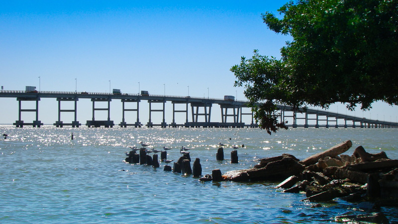 transportation, blue, 2K, sky, water, post, Mexico, tree, clear sky, built structure, pier, Island, no people, outdoors, sunlight, day, campeche, Bridge