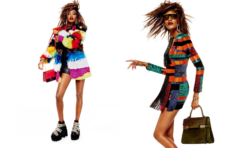 decoration, 4K, glasses, bright, figure, hairstyle, shoes, Vogue, white background, fur, makeup, Jourdan Dunn, collage, brown hair, Giampaolo Sgura, dress