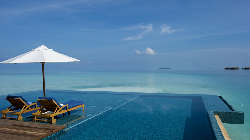 blue, Conrad Rangali Maldives Luxury Resort, resort, pool, sky, sunbed, tourism, vacation, travel, ocean, Best Hotels of 2017, sea, 4K