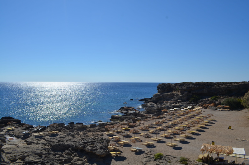 Greece, 4K, sand, horizon, outdoors, nature, rocky coastline, Beach Umbrella, clear sky, sun, rock - object, rock, solid, tranquility, day, tranquil scene