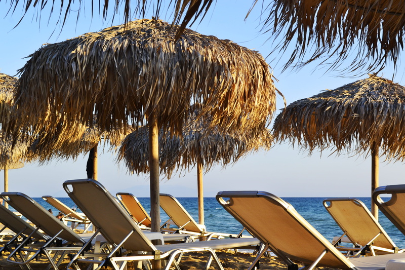 sunny, sunbeds, paradise, sky, nature, clear sky, outdoor, seat, outdoors, beach umbrella, chair, ocean, shore, landscape, season, greece, sun, sunbed