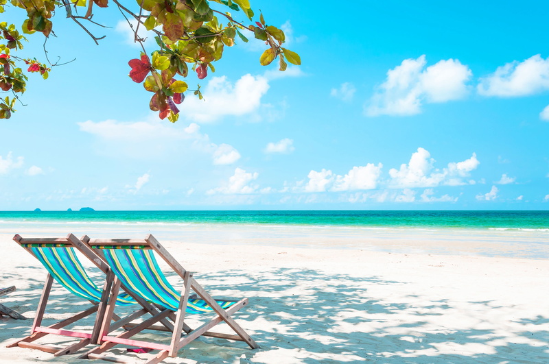 blue water, sea, tropics, summer, Nature, beach, sunbeds, 4K