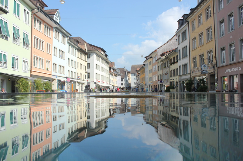 window, symmetry, winterthur, reflection, building exterior, outdoors, classic modern, nature, sky, switzerland, building, built structure, old town, day