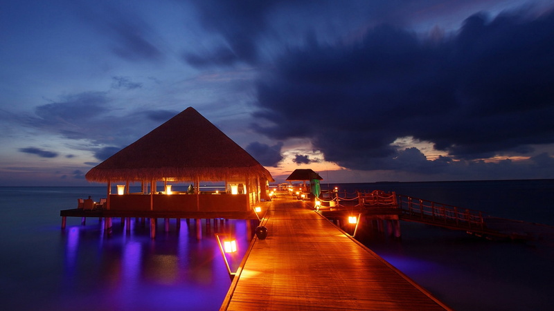 trail, resort, hotel, night, path, ocean, nature, hd, 1080P, tropical, hut, lights