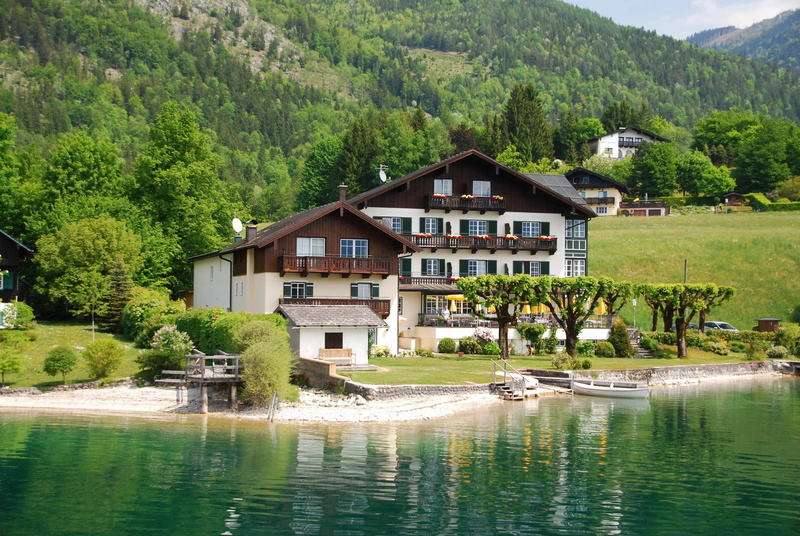 1080P, resort, Wolfgangsee, Austria, trees, lake, house, near, coast, forest, brown, green, white, city, photo