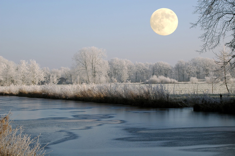 no people, full moon, astronomy, snow, white, cold, channel, waters, digital composite, 2K, planetary moon, mystical, creek, tranquility, river, land