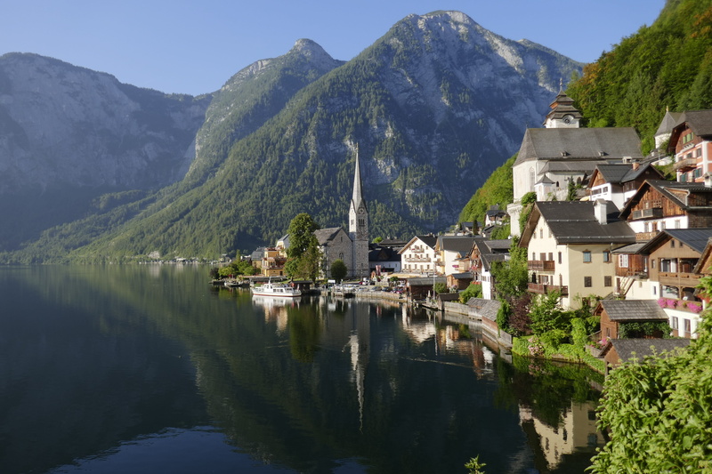 residential district, plant, scenics - nature, building, church, building exterior, austria, outdoors, waterfront, no people, tree, mountains, smalltown