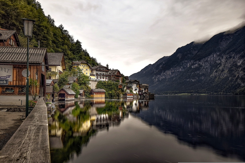 home, lake, mountains, Lake Hallstatt, Hallstatt, promenade, Alps, lantern, reflection, 1080P, Austria