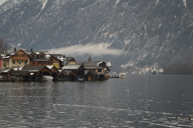 built structure, water, waterfront, 5K, landscape, house, hallstatt, building exterior, beauty in nature, scenics - nature, day, fog, lake, no people