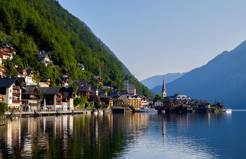 tree, Alps, residential district, cinque, mountain, Lake Hallstatt, nature, Austria, townscape, waterfront, beauty in nature, home, mountains, 1080P, plant